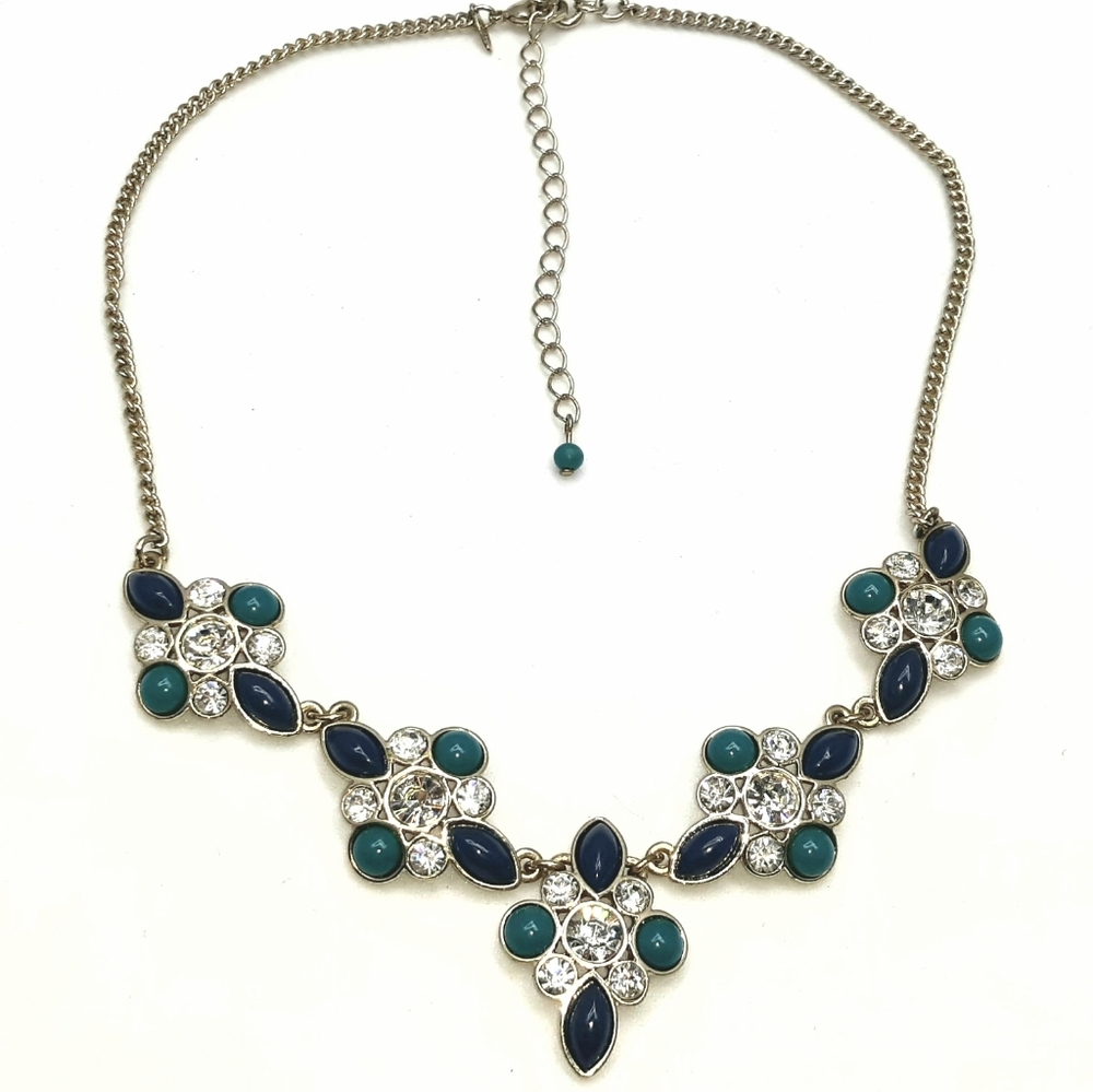 Vtg Avon Blue/Green/Crystal Stmt Bib collar neckla